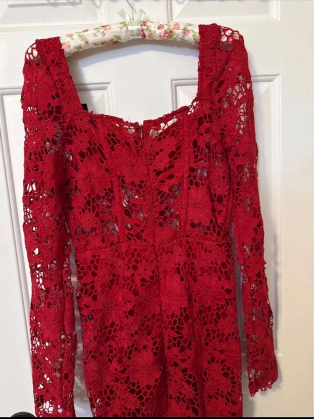 Boohoo Red Crochet Lace Long Sleeve Dress
